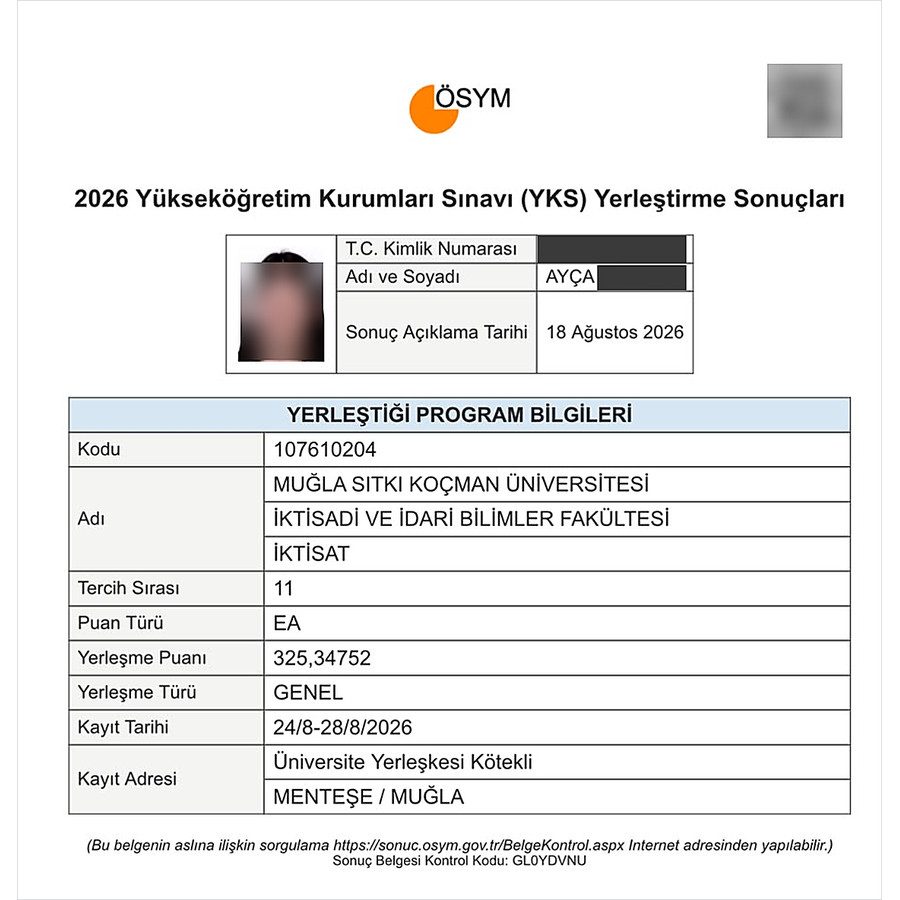 ÖSYM resmi YKS sonuç belgesi