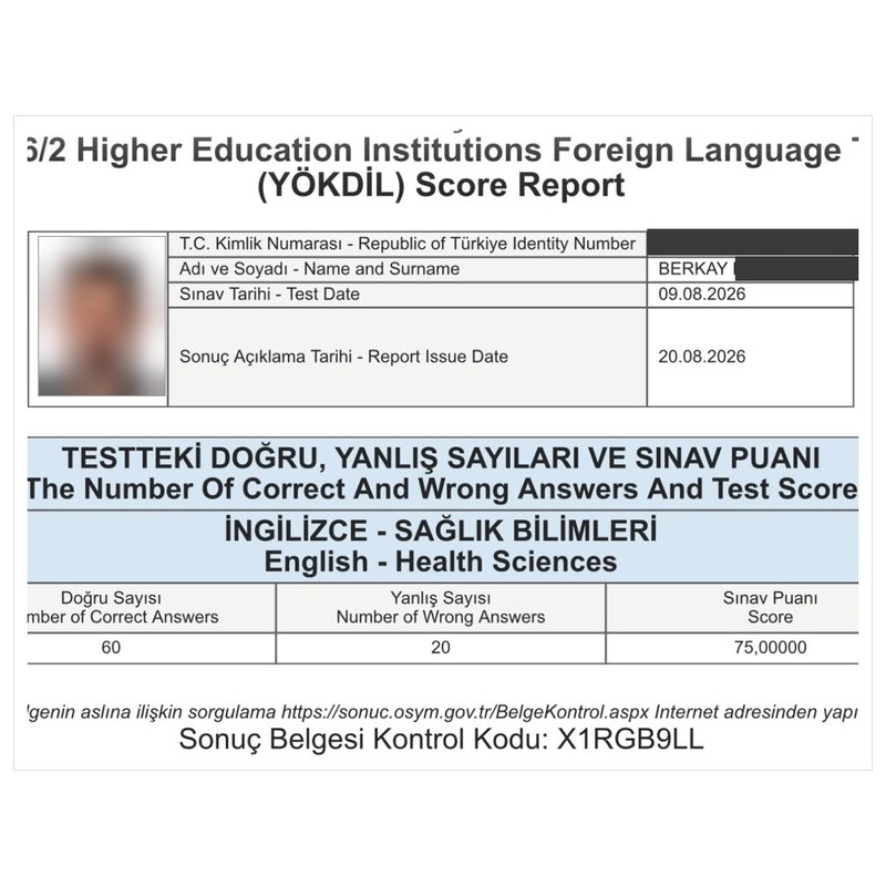 ÖSYM resmi YÖKDİL sonuç belgesi