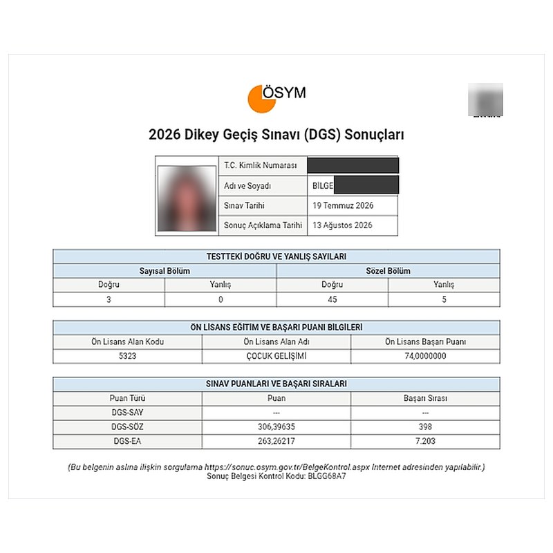 ÖSYM resmi DGS sonuç belgesi