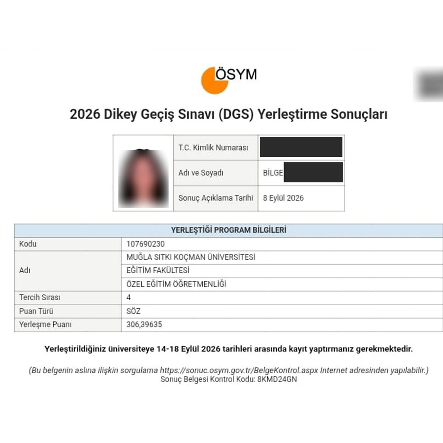 ÖSYM resmi DGS sonuç belgesi