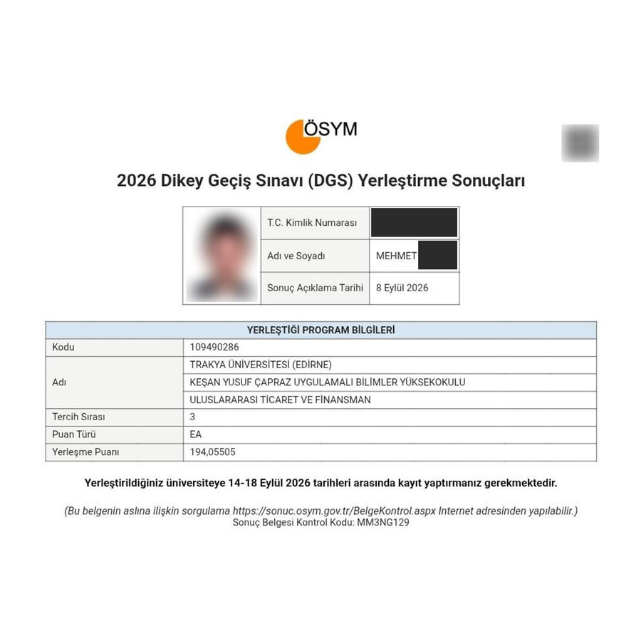 ÖSYM resmi DGS sonuç belgesi