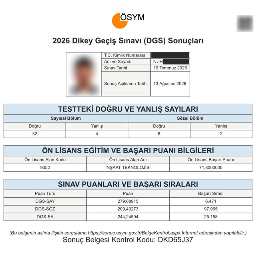 ÖSYM resmi DGS sonuç belgesi