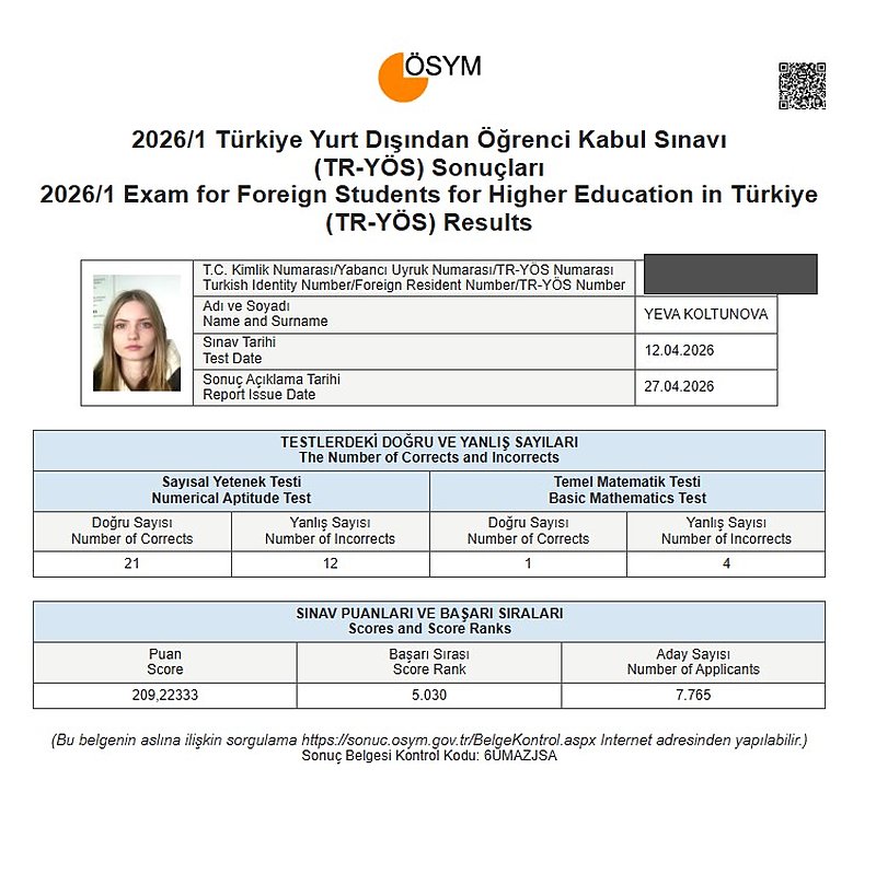 ÖSYM resmi TR-YÖS sonuç belgesi