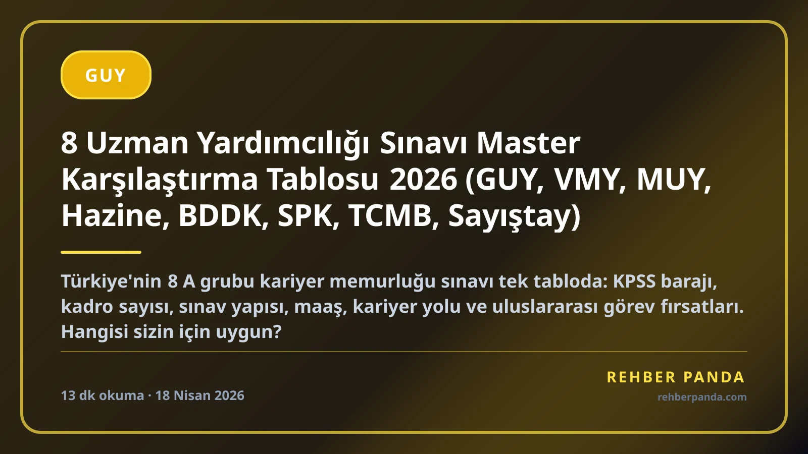 8 Uzman Yardımcılığı Sınavı Master Karşılaştırma Tablosu 2026 (GUY, VMY, MUY, Hazine, BDDK, SPK, TCMB, Sayıştay)