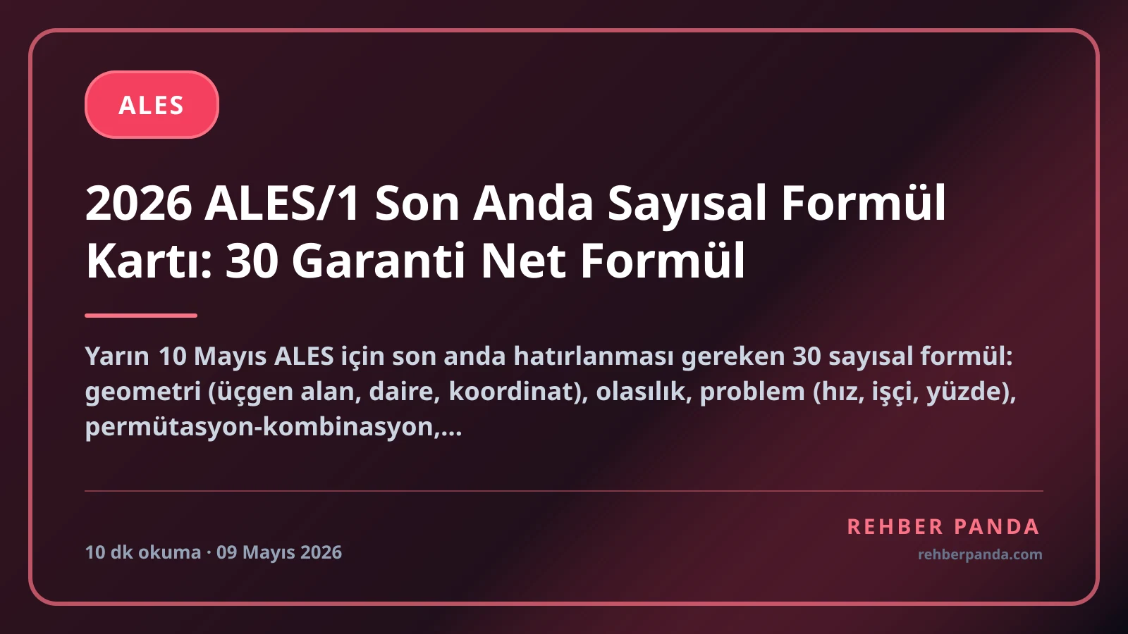 2026 ALES/1 Son Anda Sayısal Formül Kartı: 30 Garanti Net Formül