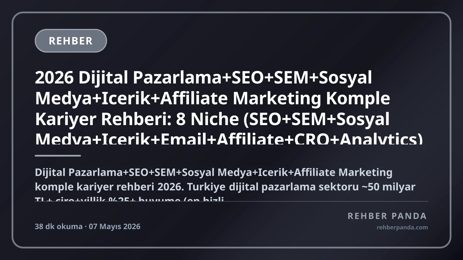 2026 Dijital Pazarlama+SEO+SEM+Sosyal Medya+Icerik+Affiliate Marketing Komple Kariyer Rehberi: 8 Niche (SEO+SEM+Sosyal Medya+Icerik+Email+Affiliate+CRO+Analytics) — Top Markalar (Trendyol+Hepsiburada+Akbank+Garanti+Google+Meta+Amazon), Freelance+Ajans+Kurumsal+Startup+Yurt Disi, Maas 50K-1M+ TL/ay