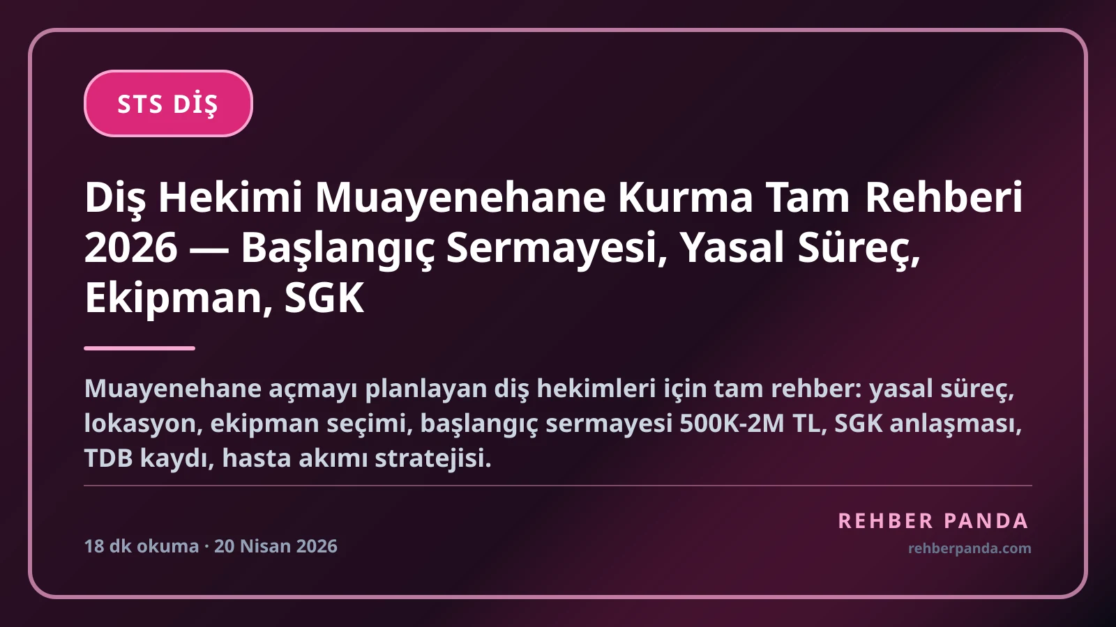 Diş Hekimi Muayenehane Kurma Tam Rehberi 2026 — Başlangıç Sermayesi, Yasal Süreç, Ekipman, SGK
