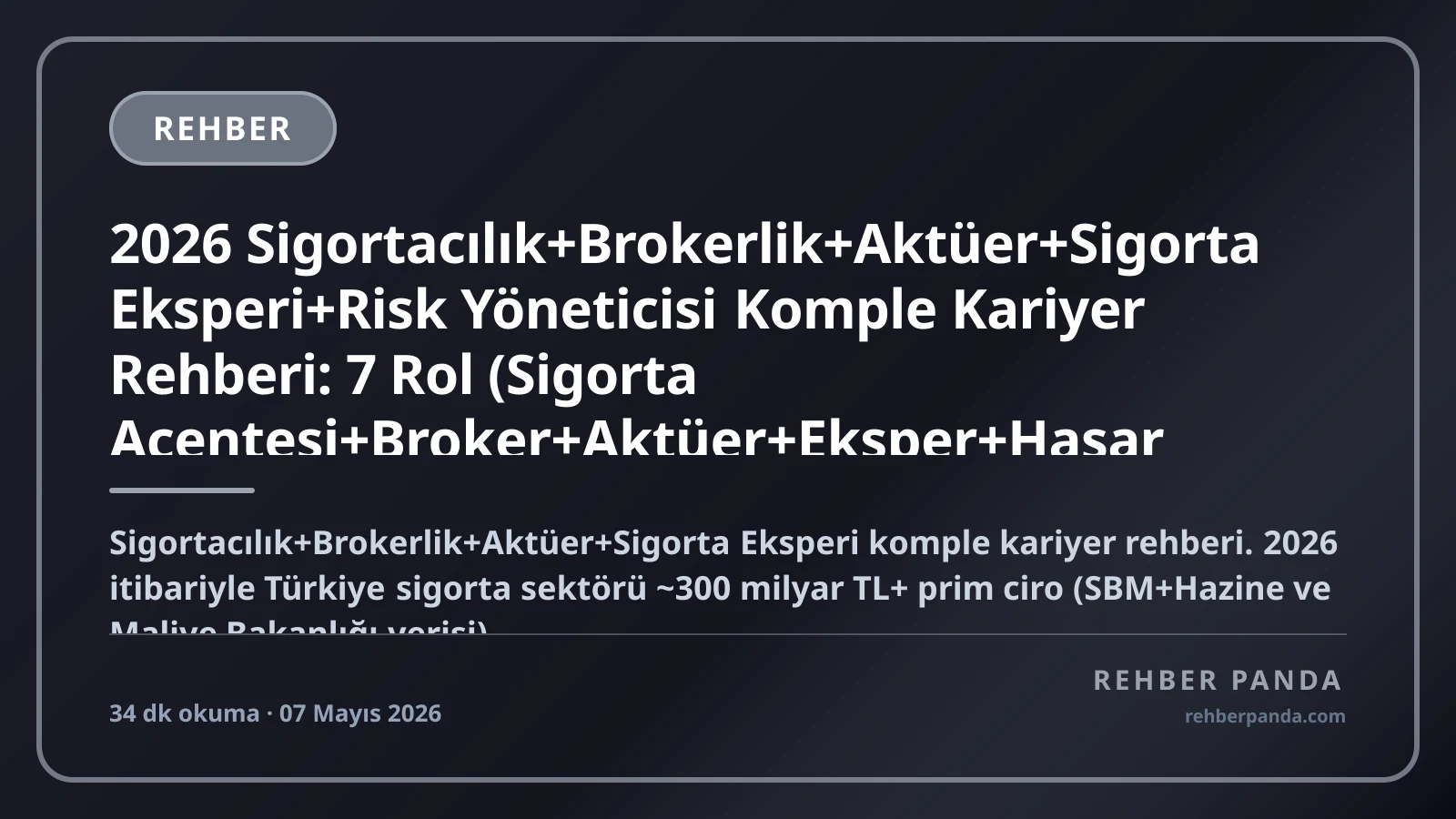2026 Sigortacılık+Brokerlik+Aktüer+Sigorta Eksperi+Risk Yöneticisi Komple Kariyer Rehberi: 7 Rol (Sigorta Acentesi+Broker+Aktüer+Eksper+Hasar Uzmanı+Underwriter+Risk Yöneticisi) — SAT Lisansı, Aktüerya Lisans, Top Şirketler (Allianz+Anadolu+Aksigorta+Ergo+Mapfre+AXA+Türkiye Sigorta), Maaş 80K-1,5M+ TL/ay