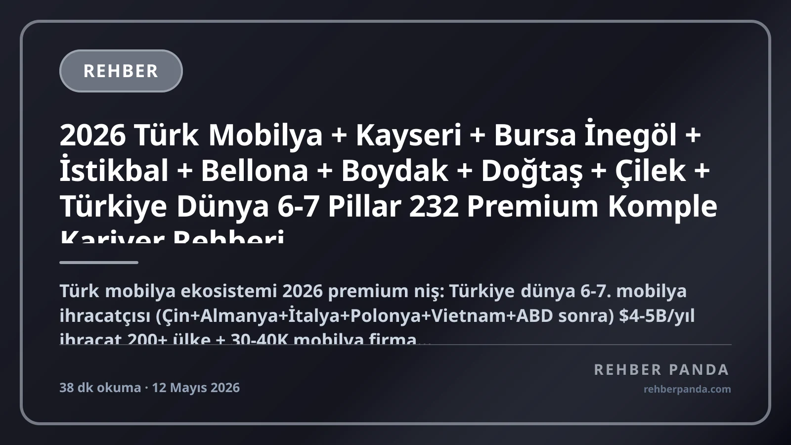 2026 Türk Mobilya + Kayseri + Bursa İnegöl + İstikbal + Bellona + Boydak + Doğtaş + Çilek + Türkiye Dünya 6-7 Pillar 232 Premium Komple Kariyer Rehberi