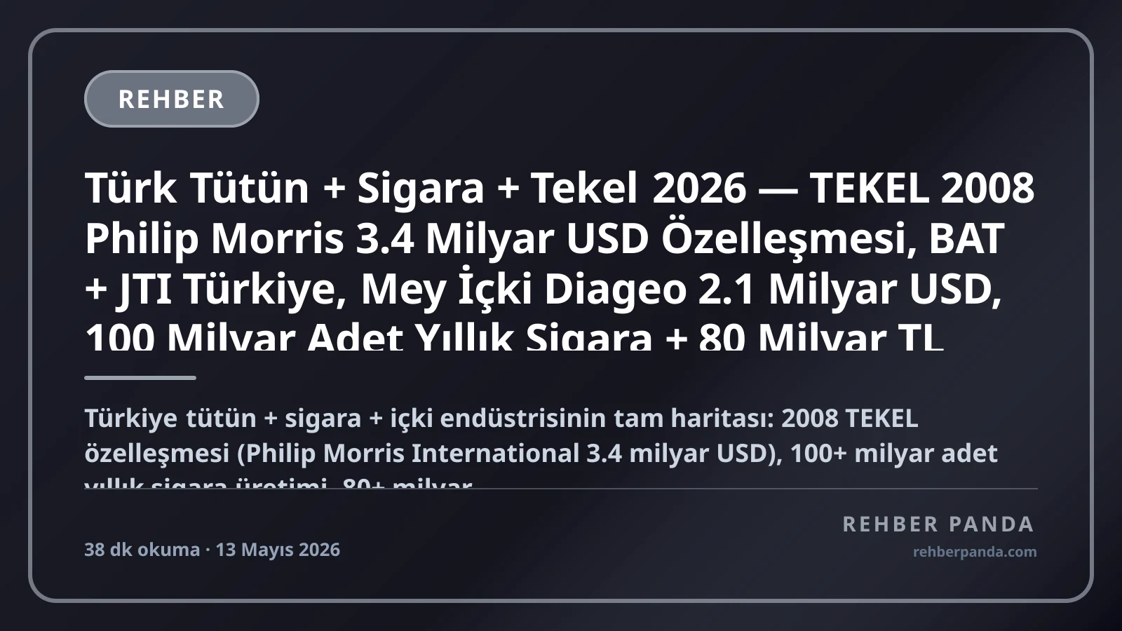 Türk Tütün + Sigara + Tekel 2026 — TEKEL 2008 Philip Morris 3.4 Milyar USD Özelleşmesi, BAT + JTI Türkiye, Mey İçki Diageo 2.1 Milyar USD, 100 Milyar Adet Yıllık Sigara + 80 Milyar TL ÖTV Premium Komple Kariyer Rehberi (Pillar 316)