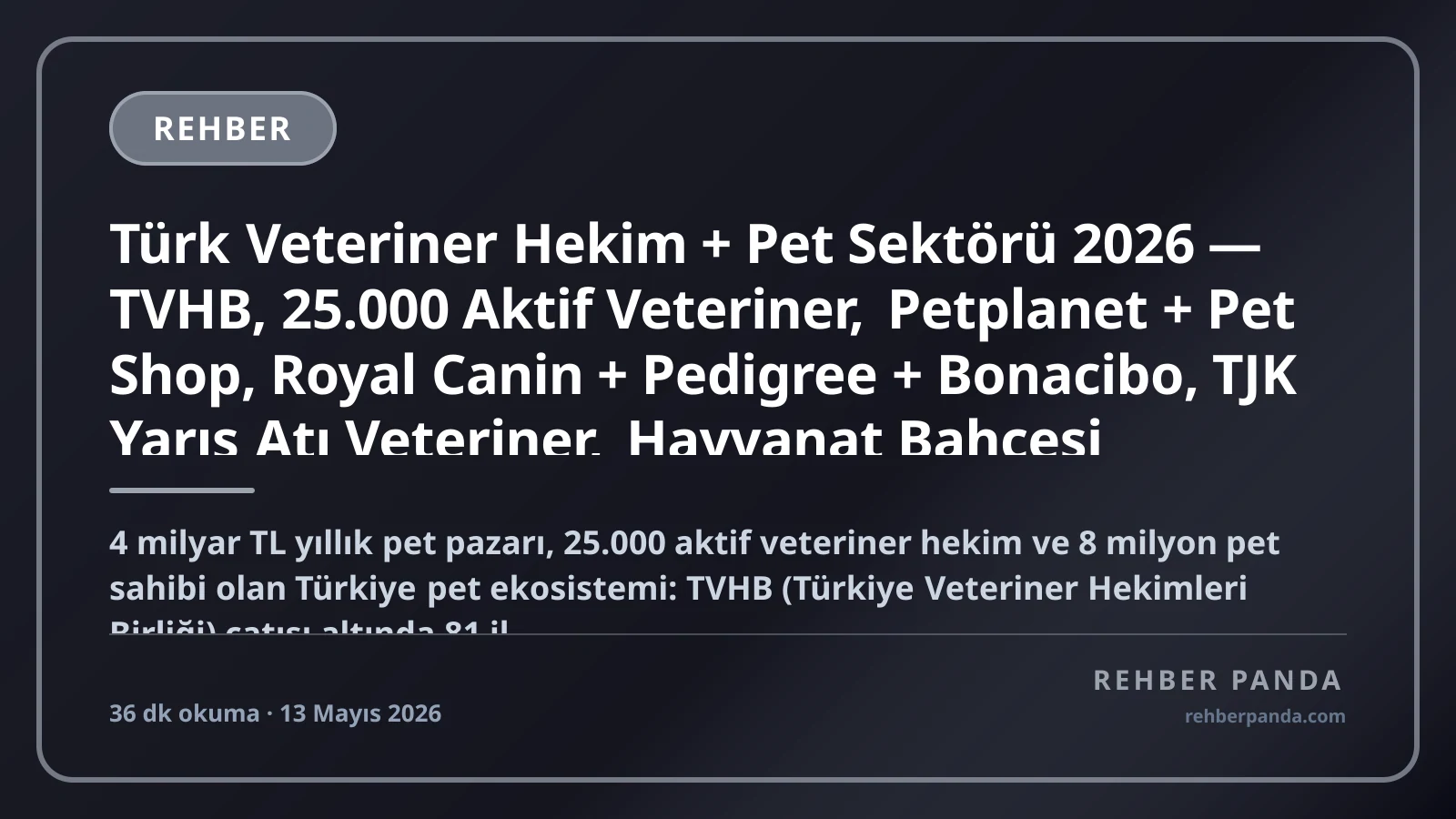 Türk Veteriner Hekim + Pet Sektörü 2026 — TVHB, 25.000 Aktif Veteriner, Petplanet + Pet Shop, Royal Canin + Pedigree + Bonacibo, TJK Yarış Atı Veteriner, Hayvanat Bahçesi Veteriner Premium Komple Kariyer Rehberi (Pillar 292)