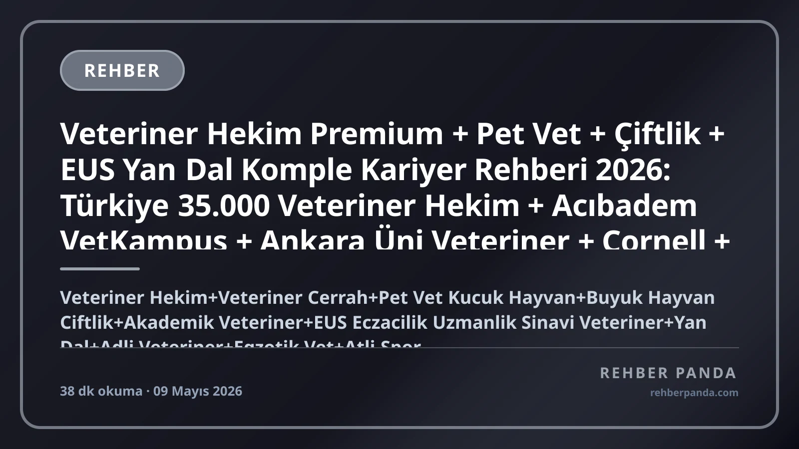 Veteriner Hekim Premium + Pet Vet + Çiftlik + EUS Yan Dal Komple Kariyer Rehberi 2026: Türkiye 35.000 Veteriner Hekim + Acıbadem VetKampus + Ankara Üni Veteriner + Cornell + UC Davis Veterinary